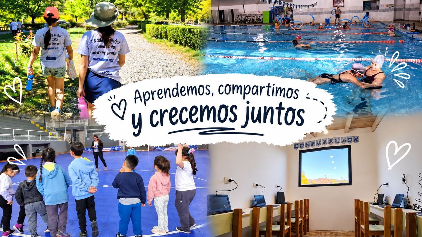 Collage de actividades: natación, deporte en equipo y taller de computación en Cielos Abiertos